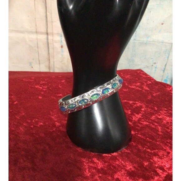Faux Blue Opal Silver Tone Cuff Bracelet - Picture 2 of 10
